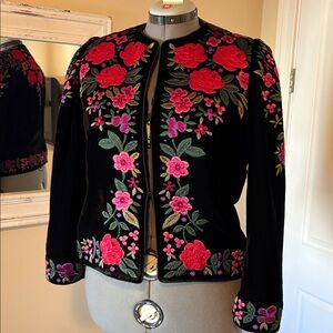 Oscar de la Renta Vintage 1990s Black Velvet Floral Embroidered Blazer Jacket